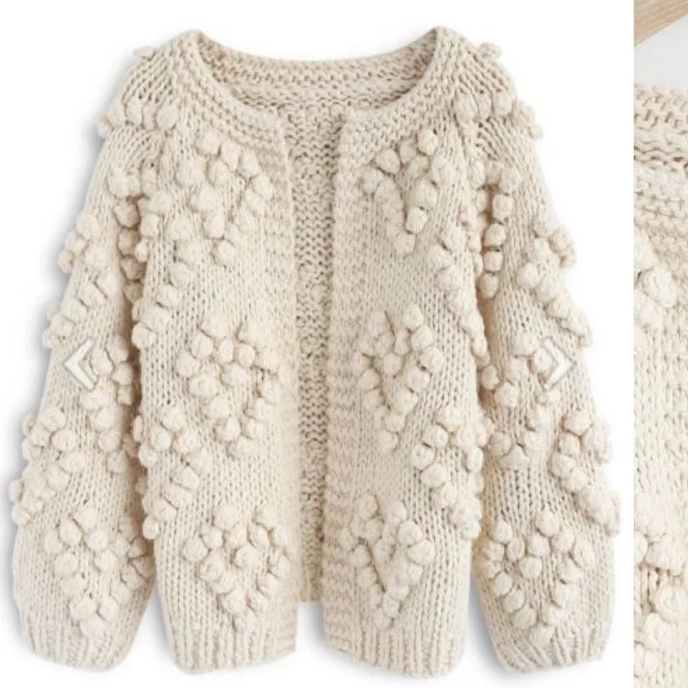 Chicwish Ivory Chunky Pom-Pom Knit Cardigan - Picture 1 of 5
